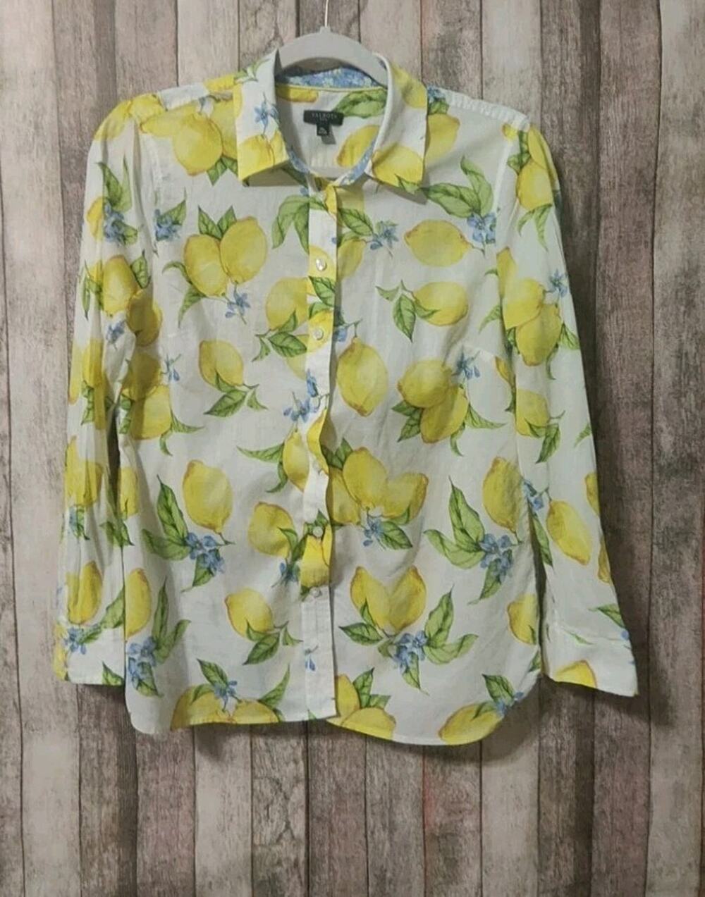 TALBOTS Women’s Lemon Blossom Print Cotton Button Front L/S Shirt Size Medium P